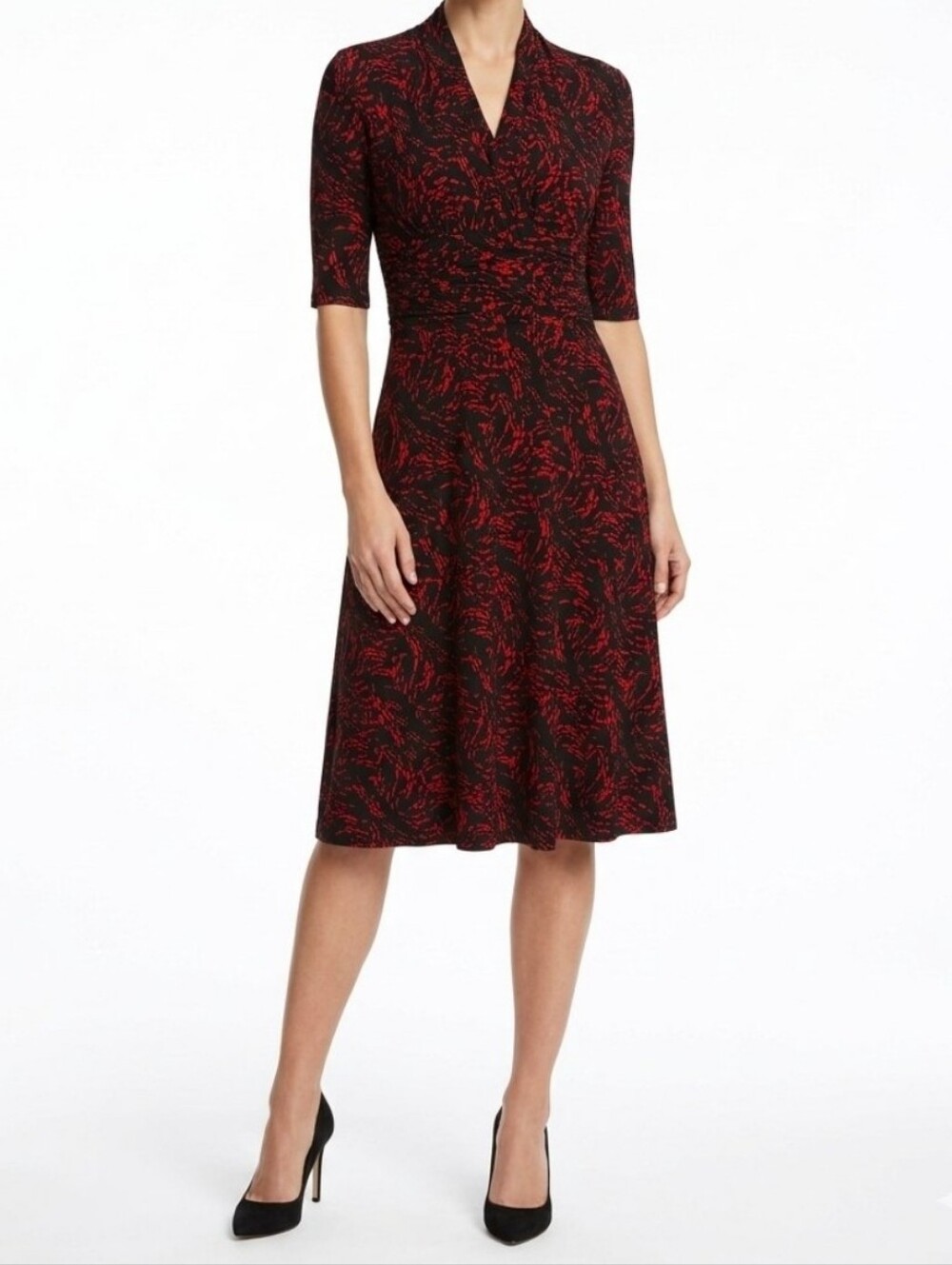 Jones Studio Red Black Dress Elbow Sleeve Rutched V-Neck Stretch Size 4